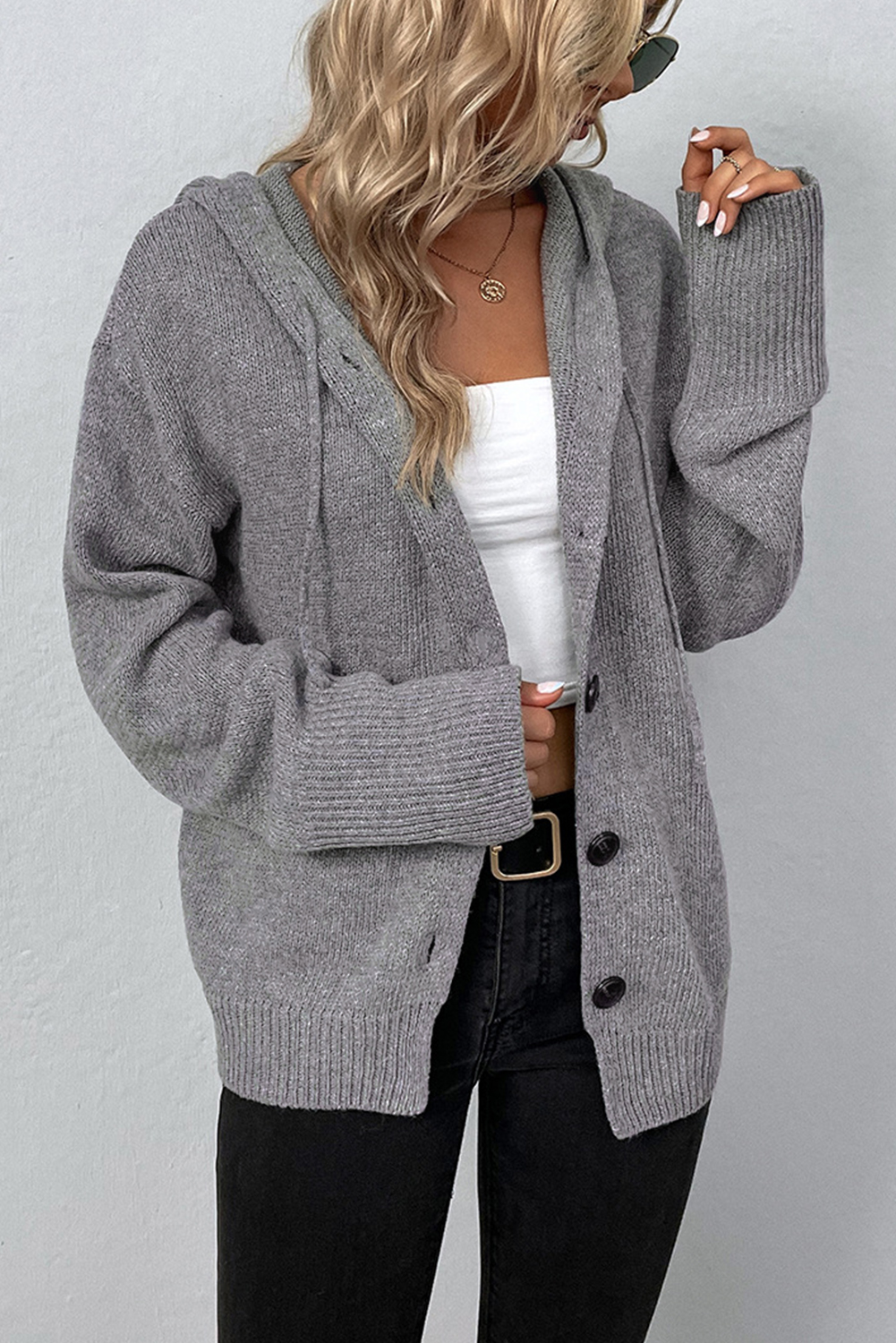 Medium Grey Drawstring Hooded Button Up Drop Shoulder Sweater Cardigan - loveforevers