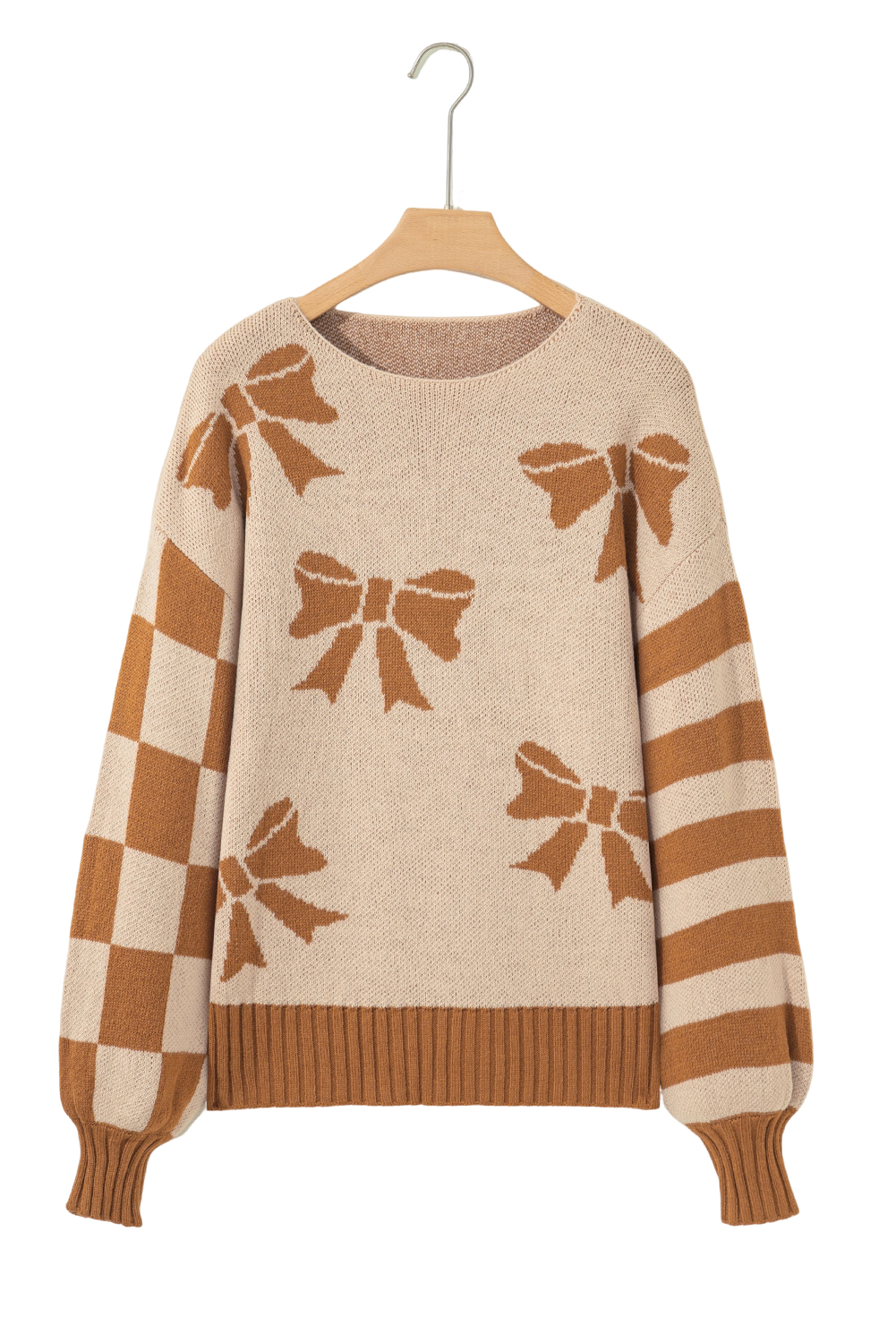 Straw Yellow Ribbon Bow Print Checkered Striped Sleeve Drop Shoulder Sweater - loveforevers