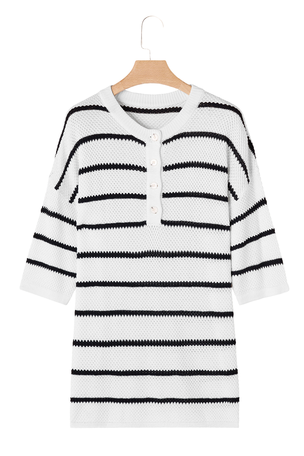 Black Stripe Henley Buttoned Placket Drop Shoulder Bracelet Sleeve Knit Sweater Tee - loveforevers