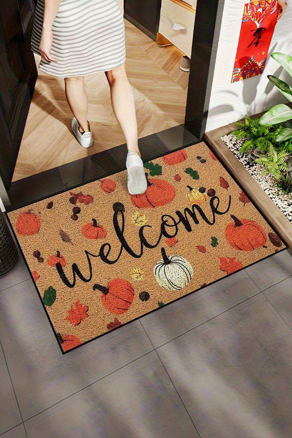 Thai Curry Welcome Fall Pumpkin Leaf Pattern Plush Entrance Mat - loveforevers