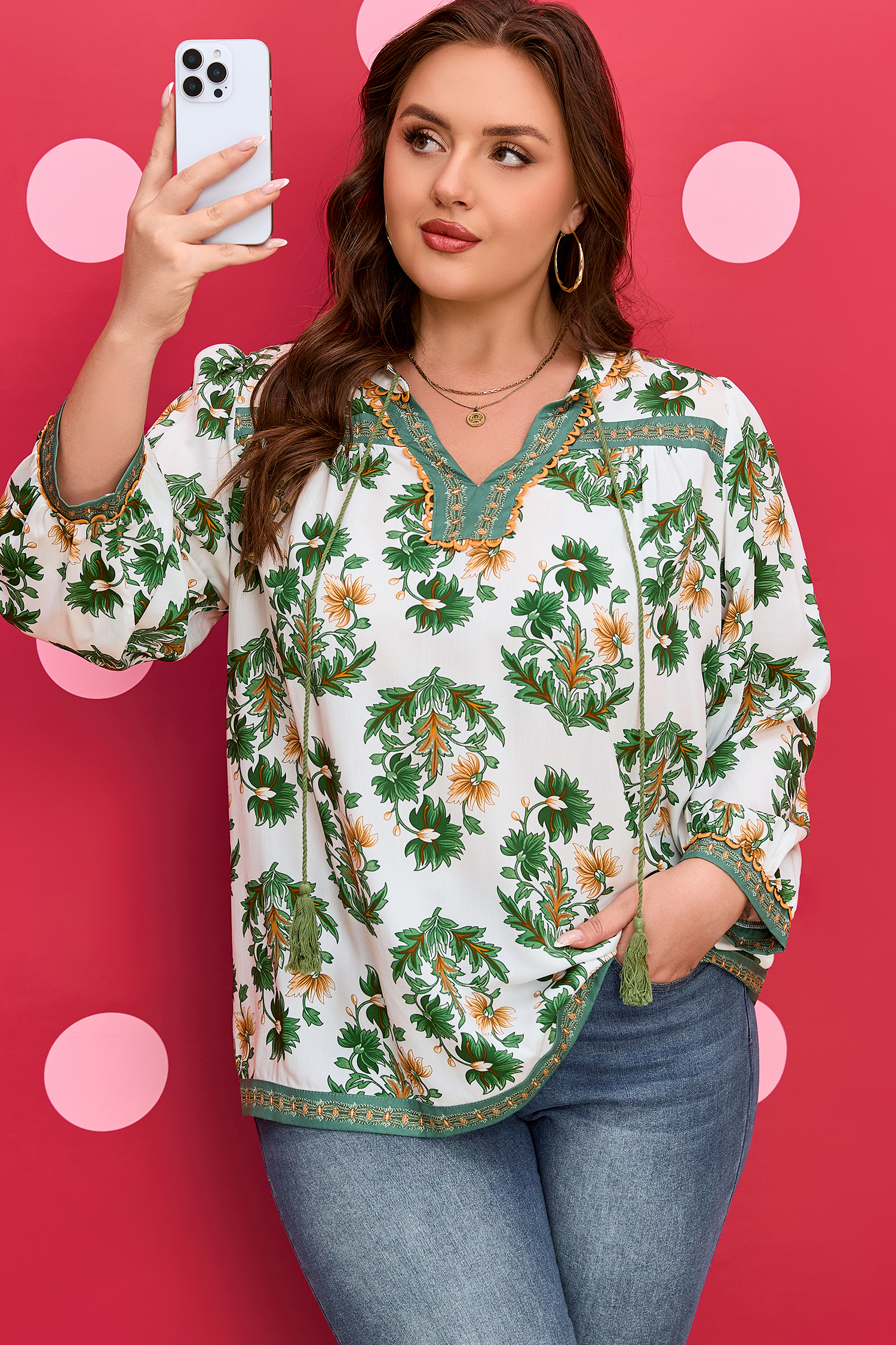 Green Plus Size Floral Printed Contrast Patchwork Detail Tassel Tie 3/4 Sleeve Blouse - loveforevers