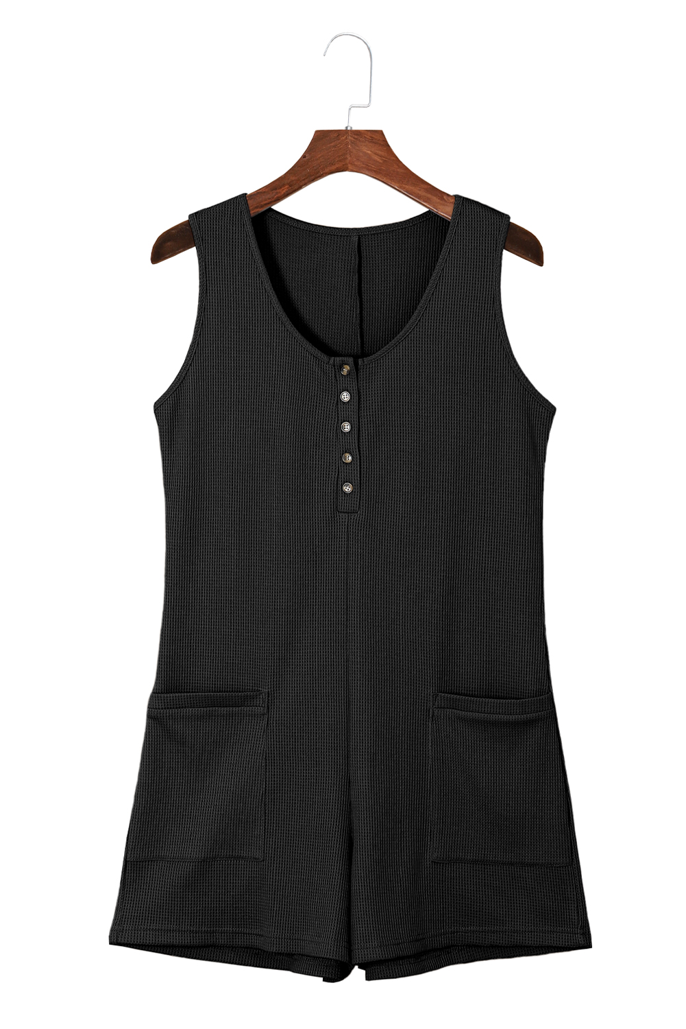 Black Waffle Sleeveless U Neck Buttons Romper With Pockets - loveforevers
