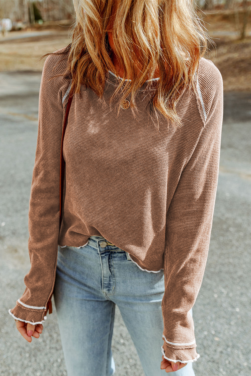 Smoke Gray Textured Round Neck Long Sleeve Top - loveforevers