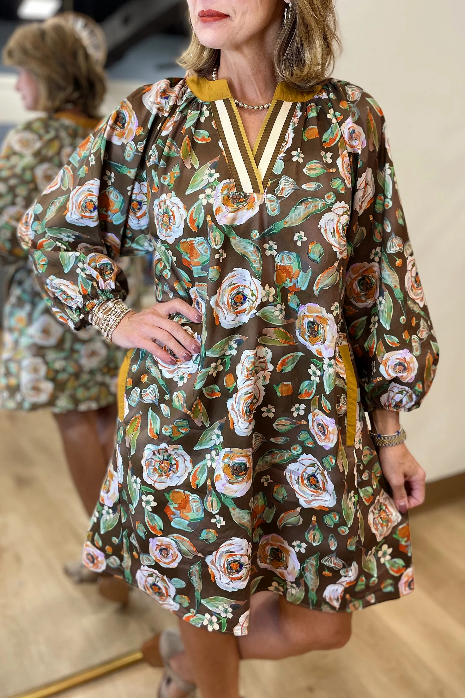 Brown Floral Print Contrast Trim V Neck Pocketed Long Sleeve Mini Dress - loveforevers