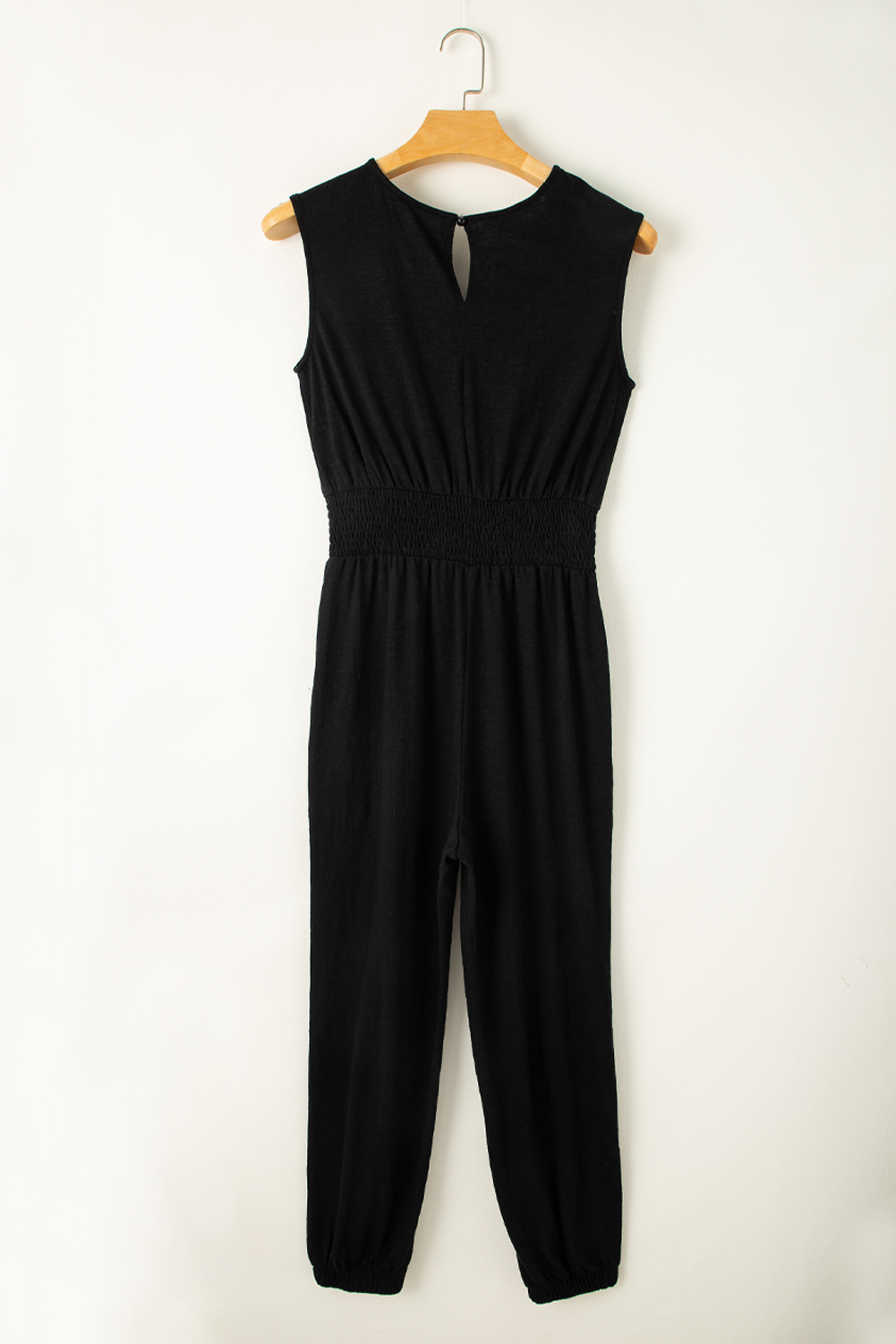 Black Shirred High Waist Sleeveless V Neck Jumpsuit - loveforevers