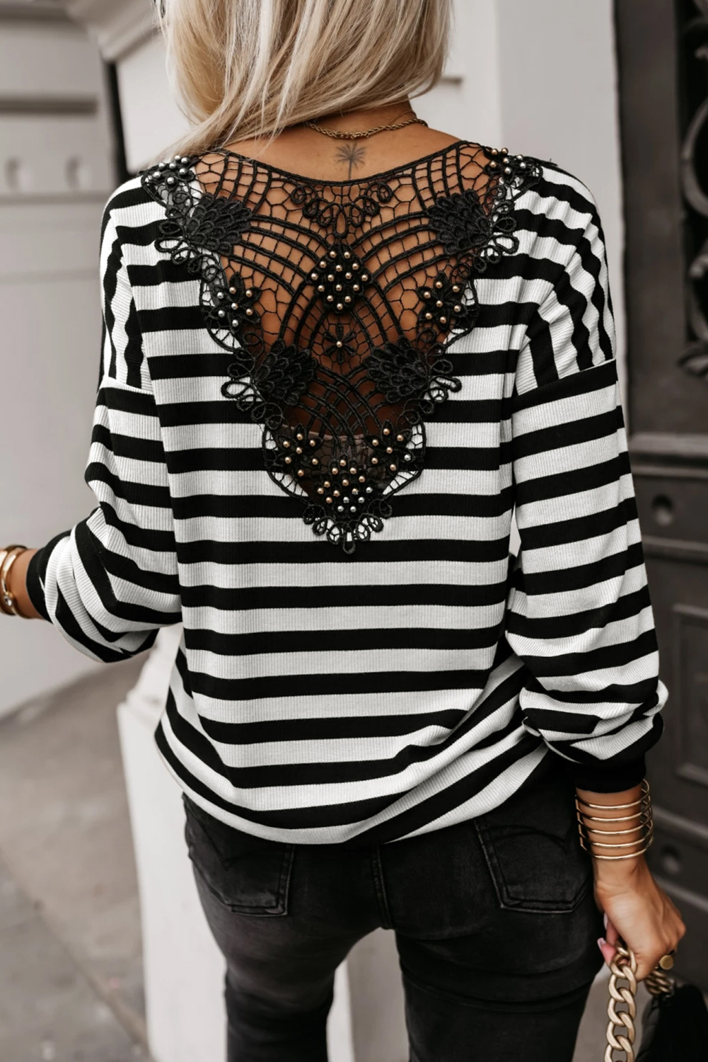 Black Stripe Crochet Hollow-out Back Buttoned Shoulder V Neck Top - loveforevers