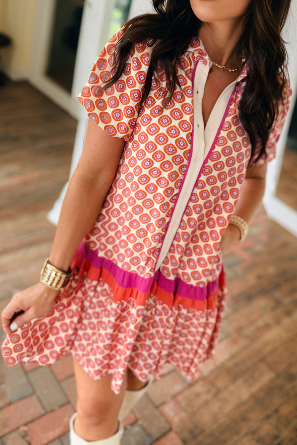 Orange Geometric Floral Print Color Block Trim Button Front Ruffle Hem Dress - loveforevers