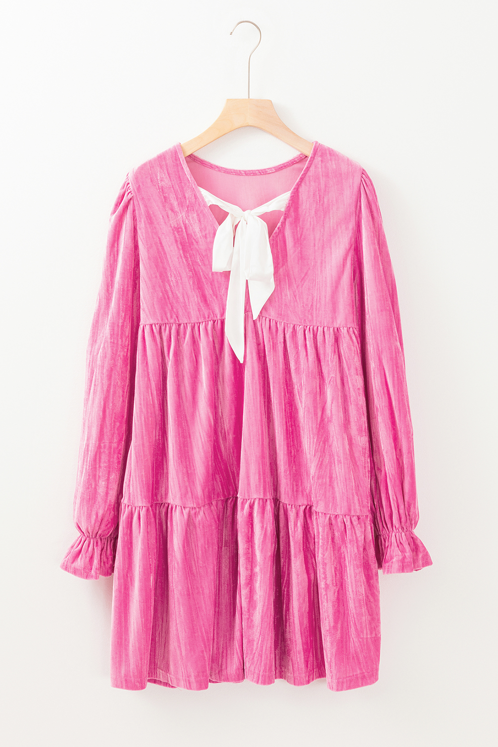 Strawberry Pink Flounce Sleeve Tiered Ruffled Velvet Mini Dress - loveforevers