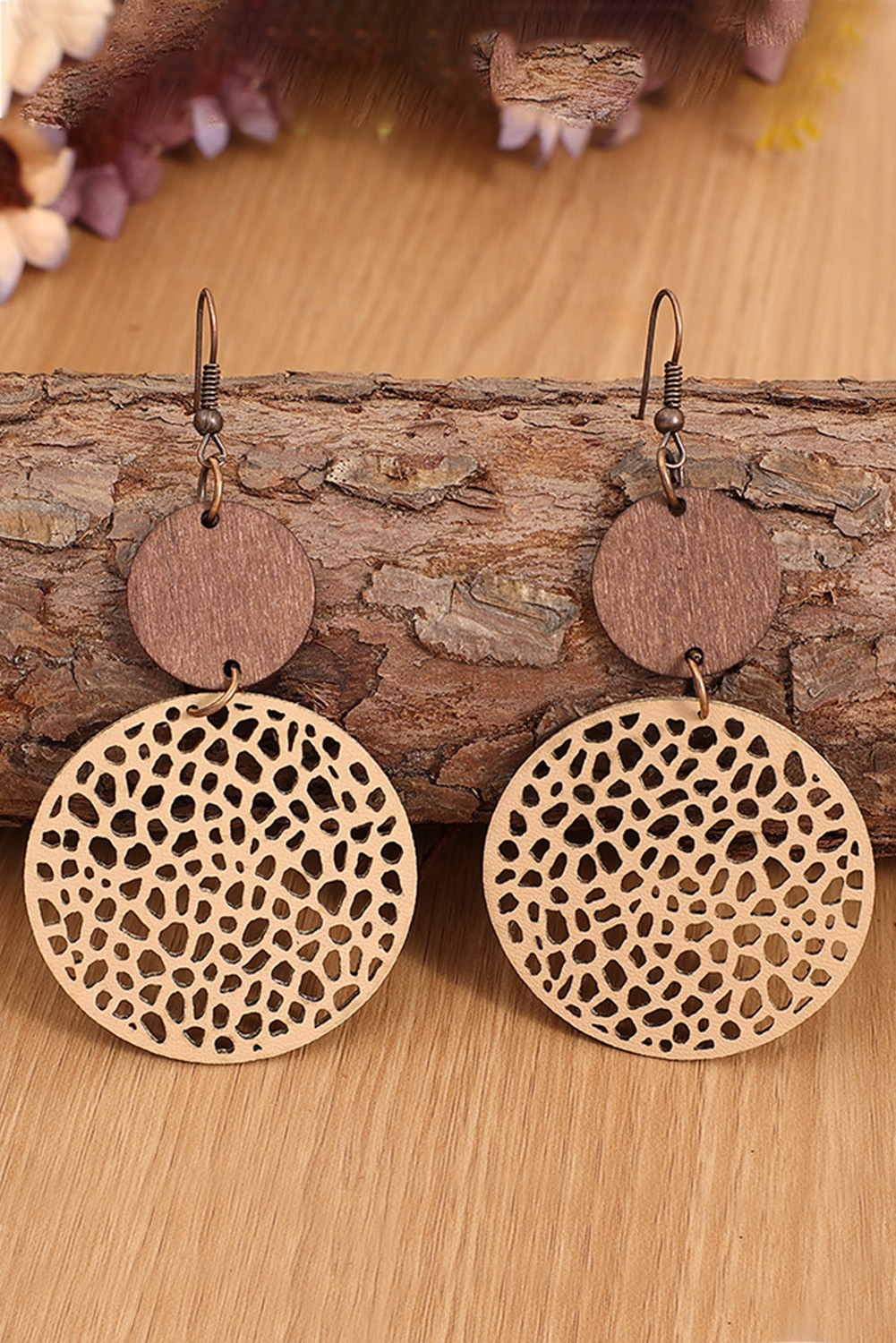 Khaki Hollow Out Wooden Round Drop Earrings - loveforevers