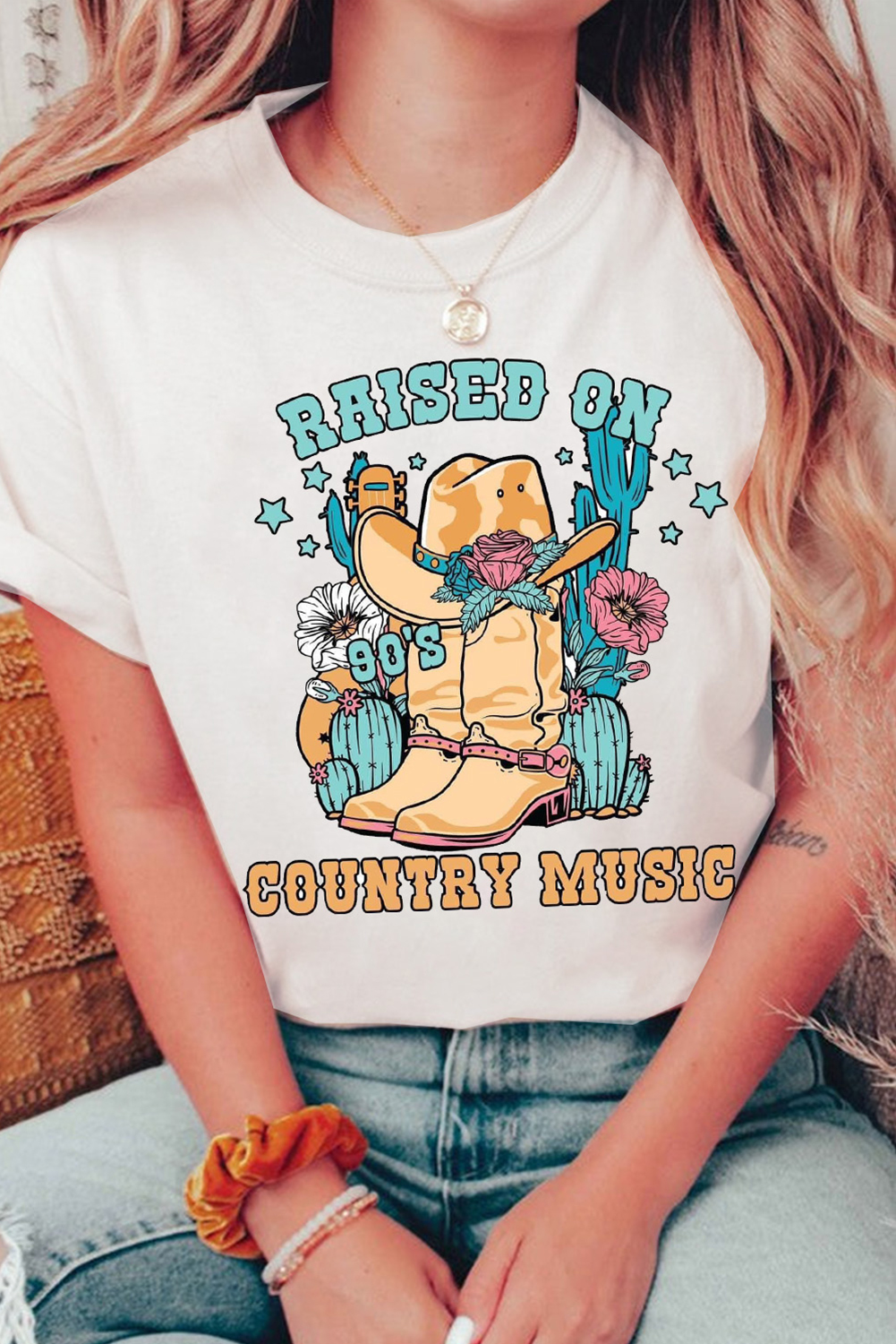White RAISED ON COUNTRY MUSIC Western Graphic Tee - loveforevers