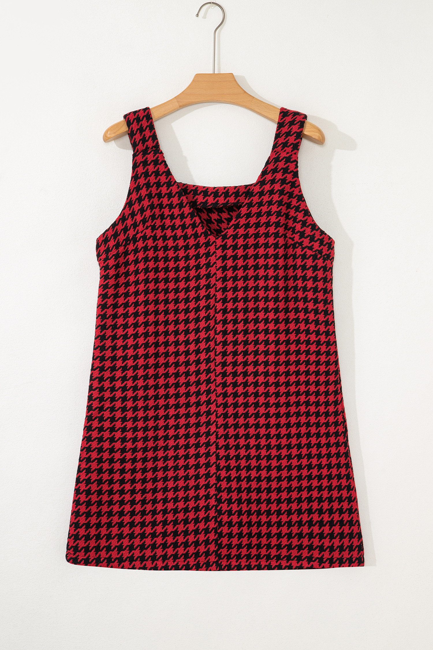 Khaki Houndstooth Print V Neck Sleeveless Mini Dress - loveforevers