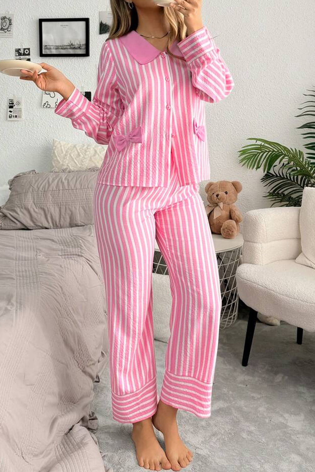 Pink Stripe Buttoned Front Long Sleeve Top and Pants 2 Piece Sleepwear - loveforevers
