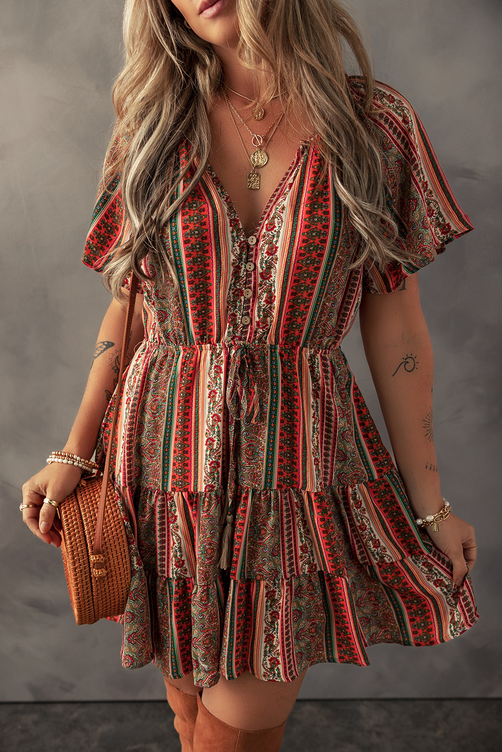 Red Bohemian Floral Print Buttoned V Neck Ruffle Tiered Dress - loveforevers