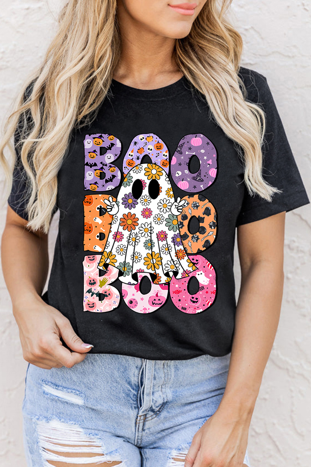 Black BOO Floral Ghost Print Crew Neck Halloween T Shirt - loveforevers