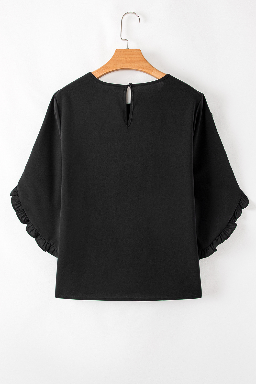 Black Ruffle Trimmed 3/4 Sleeve Round Neck Blouse - loveforevers