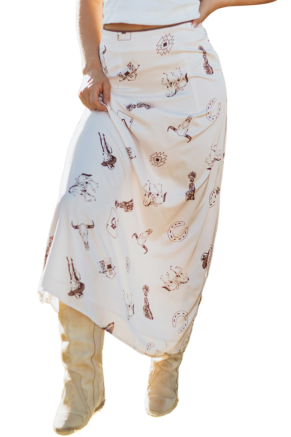 Beige Western Print Satin Long Skirt - loveforevers