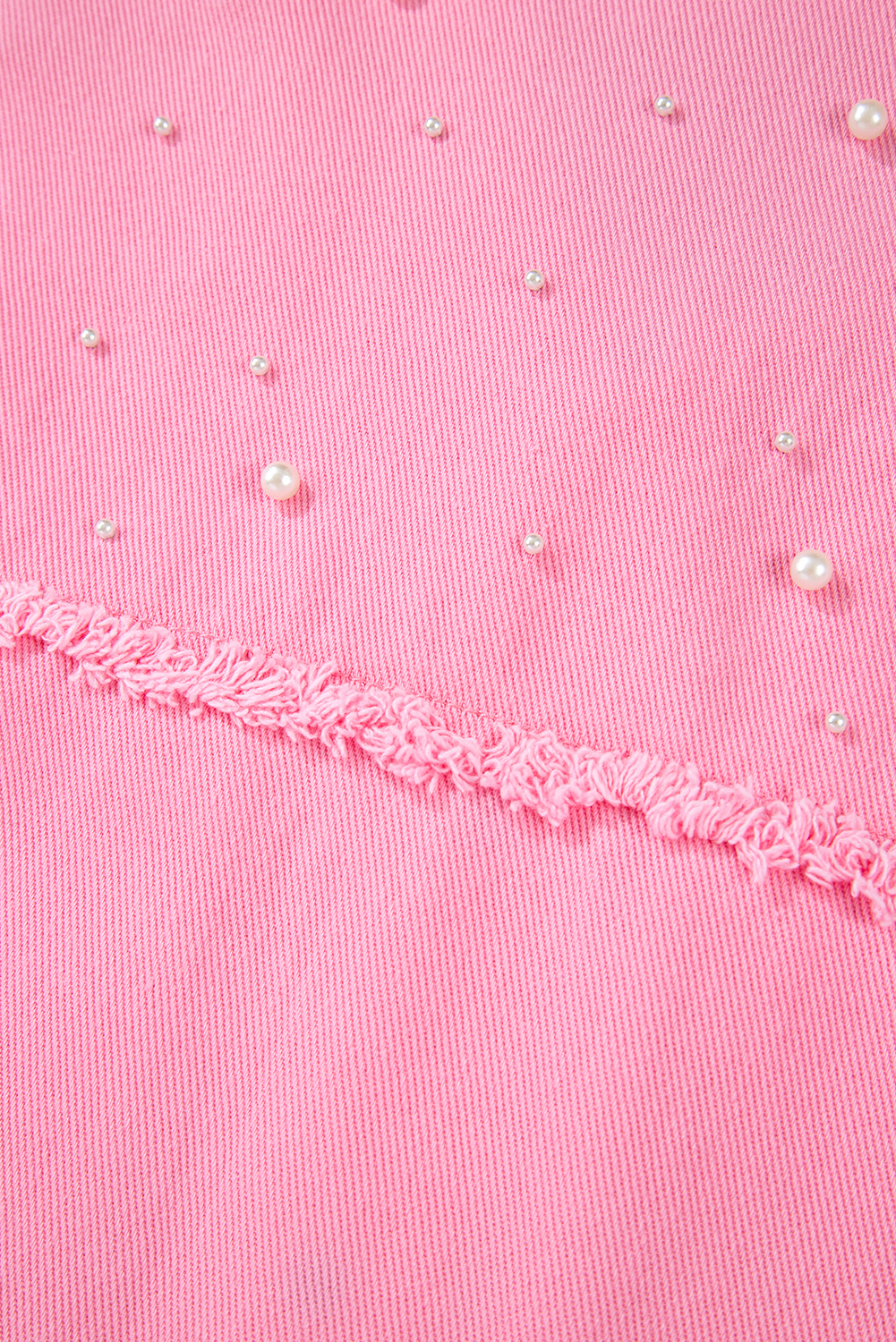 Bonbon Pearl Beaded Raw Hem Button Up Denim Jacket - loveforevers