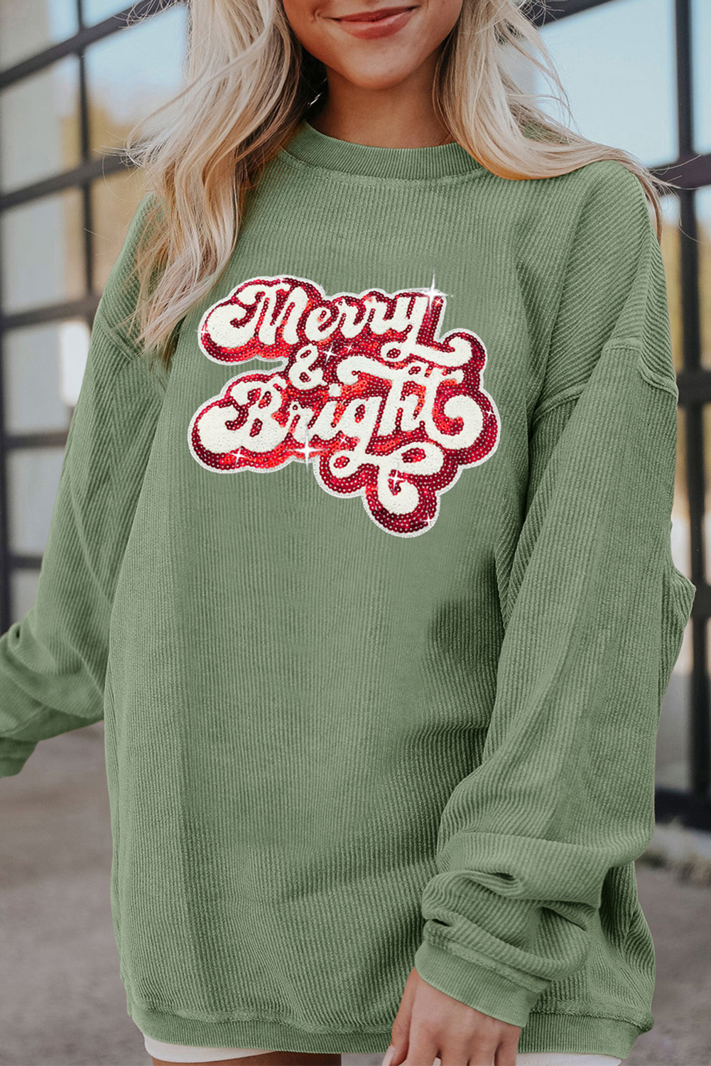 Grass Green Merry & Bright Sequin Ribbed Crew Neck Sweatshirt - loveforevers