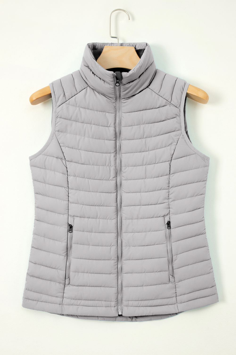 Silvery Plush Collared Quilted Zipped Puffer Vest - loveforevers