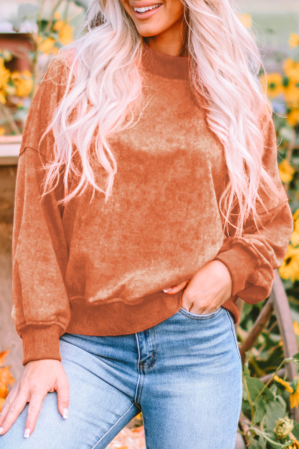 Brown Drop Shoulder Crew Neck Pullover Sweatshirt - loveforevers