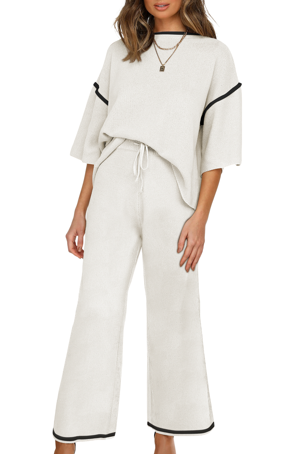 Blackish Green Contrast Trim Half Sleeve Top Drawstring Pants Loose 2pcs Sweater Suit - loveforevers