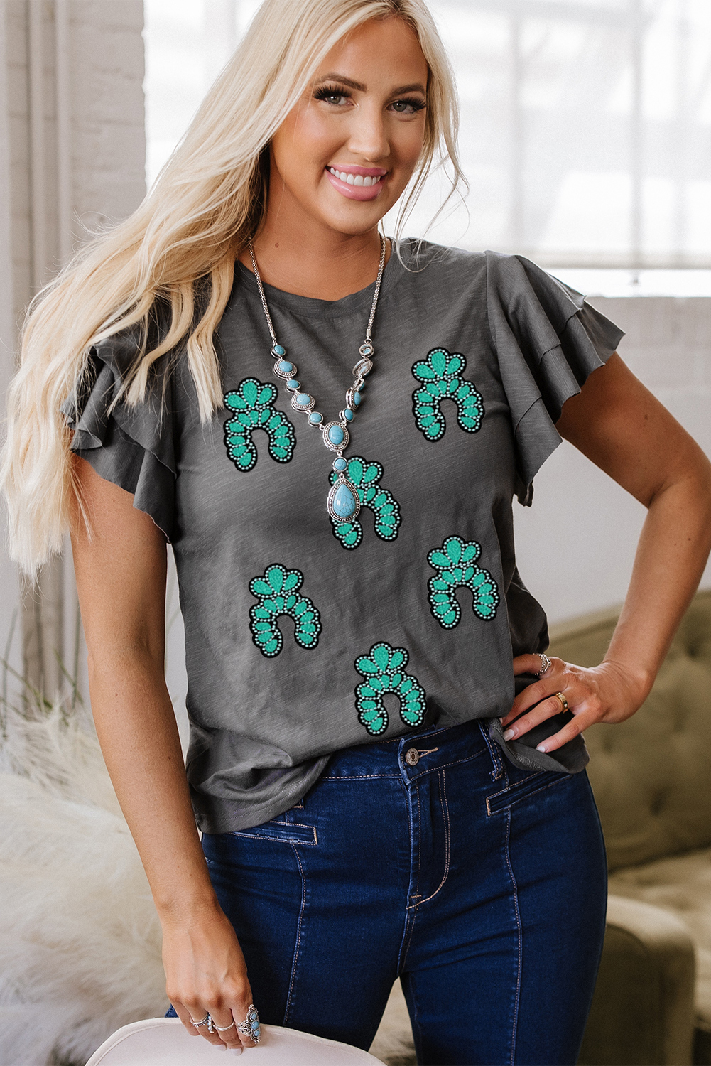 Dark Grey Sequin Turquoise Pattern Ruffle Sleeve Cowgirl Tee - loveforevers