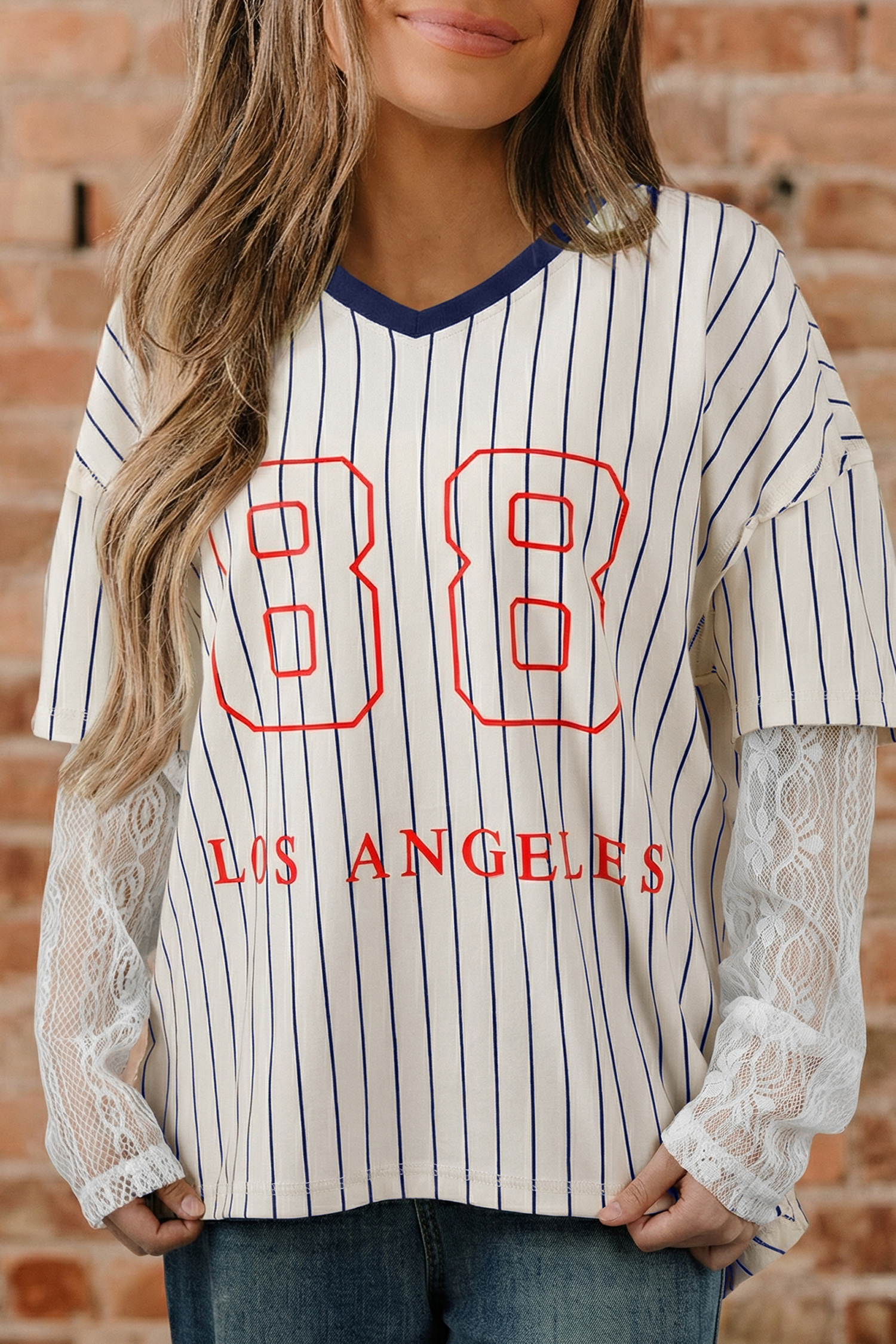 Blue Stripe 88 LOS ANGEL Graphic Lace Patchwork Faux Two Piece V Neck Top - loveforevers