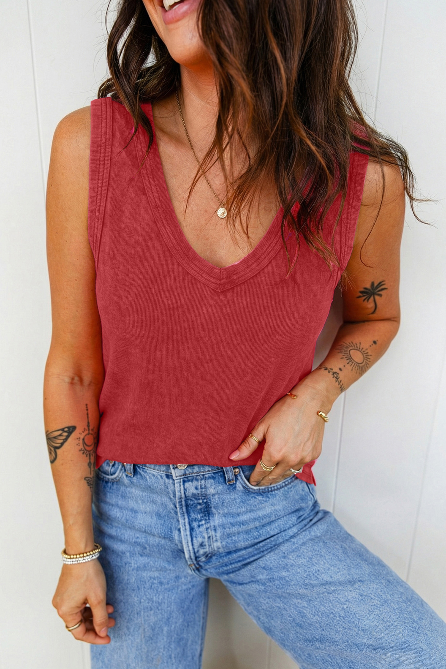 Red Dahlia Mineral Wash V Neck Tank Top - loveforevers