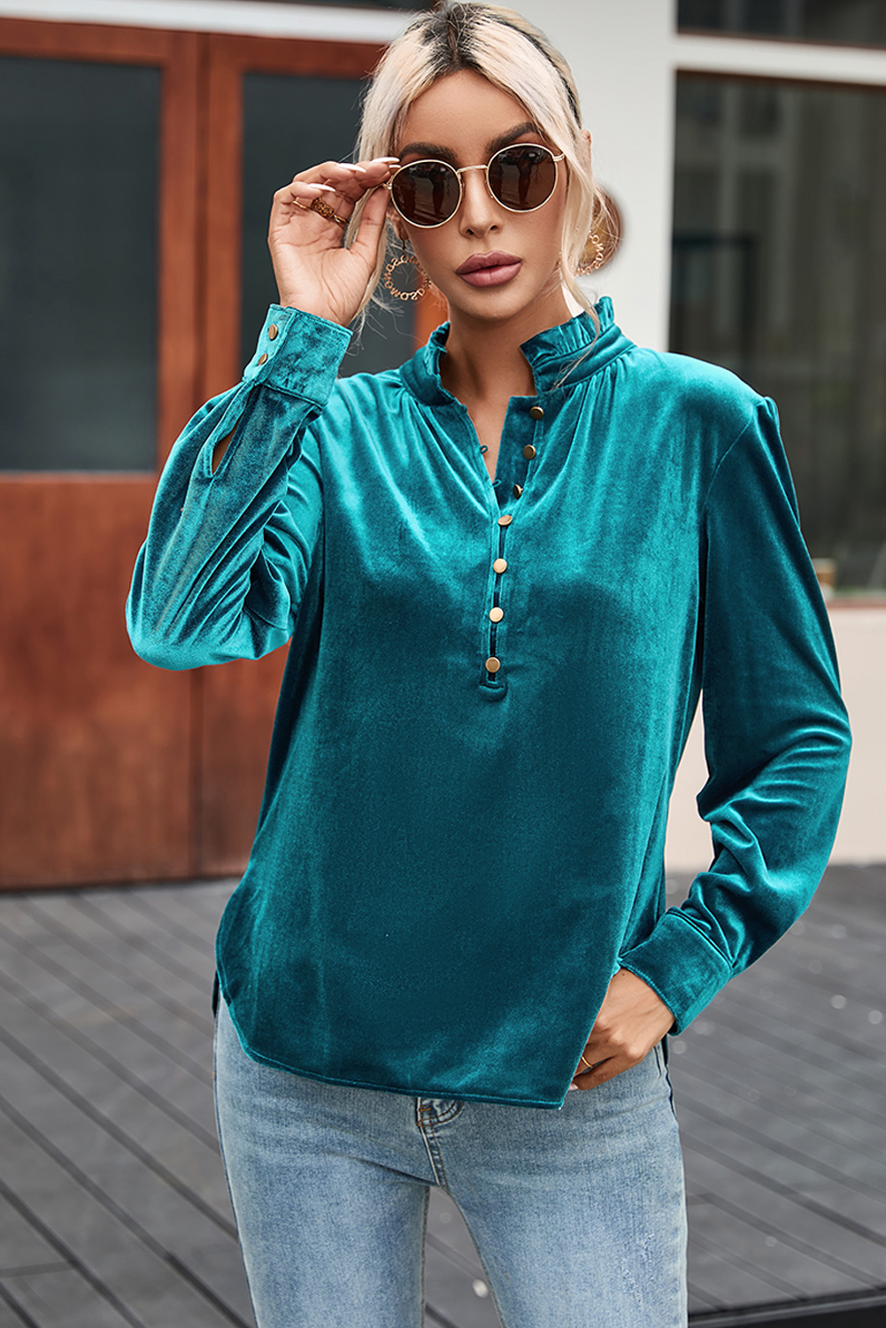 Burgundy Frilled Neck Buttoned Front Velvet Top - loveforevers