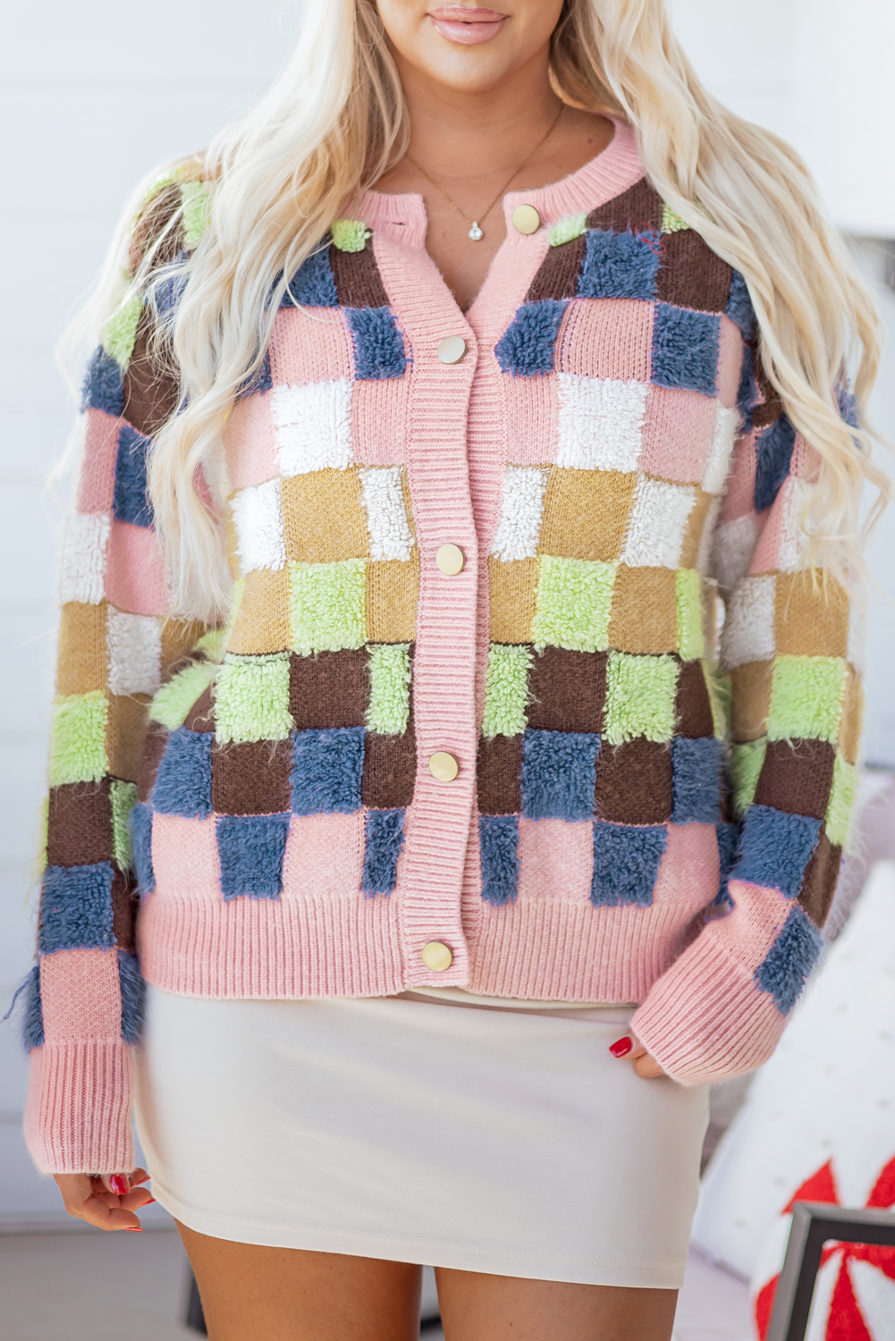 Multicolour Plush Checkered Pattern Button Front Cardigan Sweater - loveforevers
