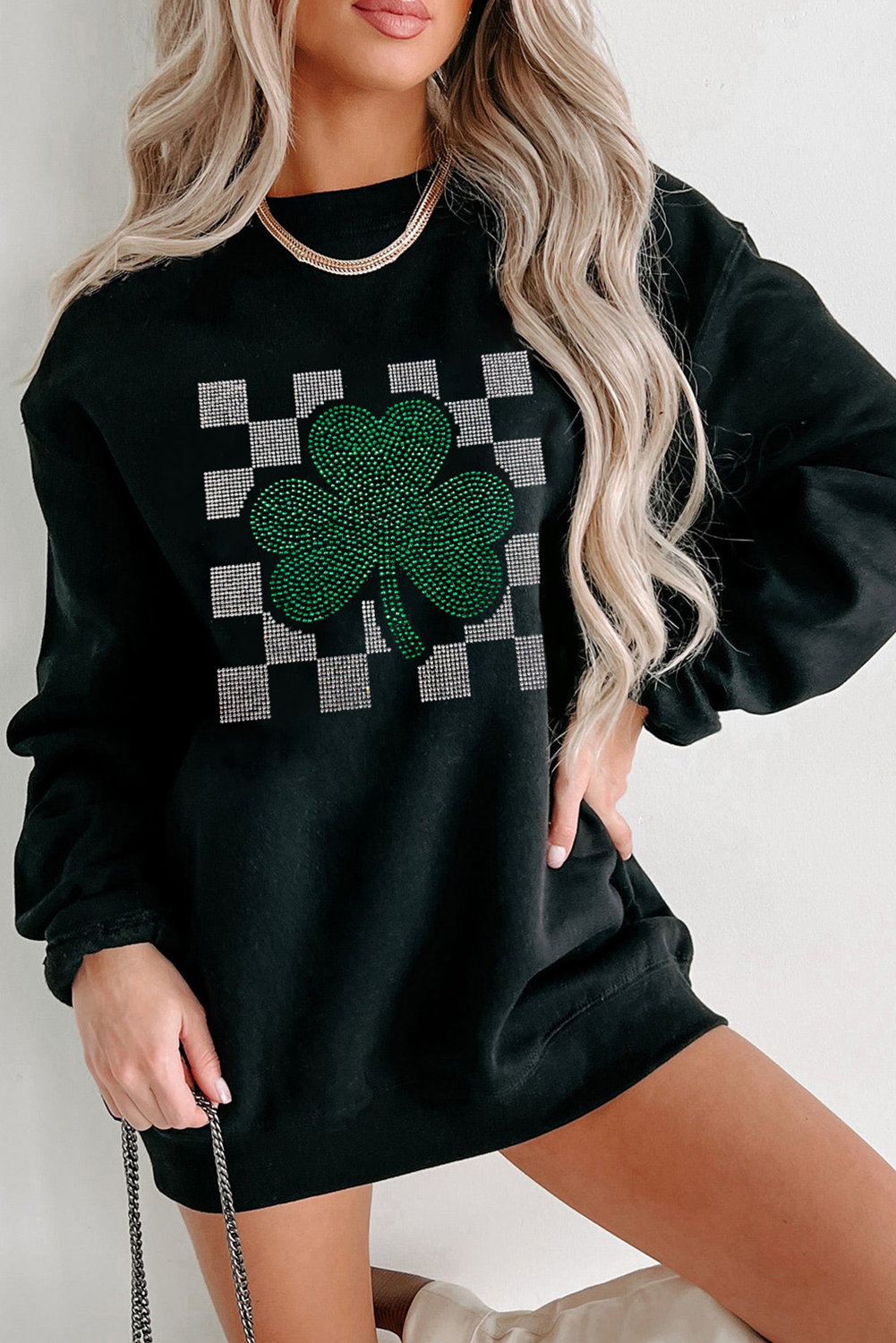 Black Rhinestone Checkerboard Clover Graphic St Patrick Sweatshirt - loveforevers