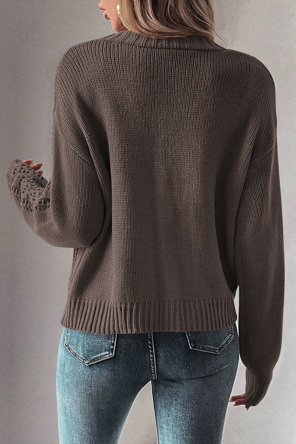 Dark Khaki Open Knit Drop Shoulder Sweater Cardigan - loveforevers