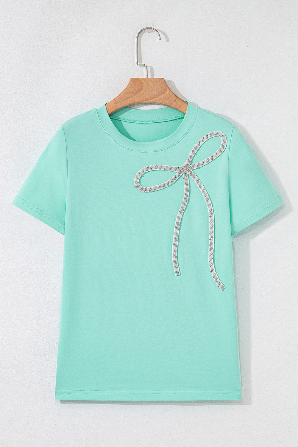 White Rhinestone Bow Embellished Round Neck Tee - loveforevers