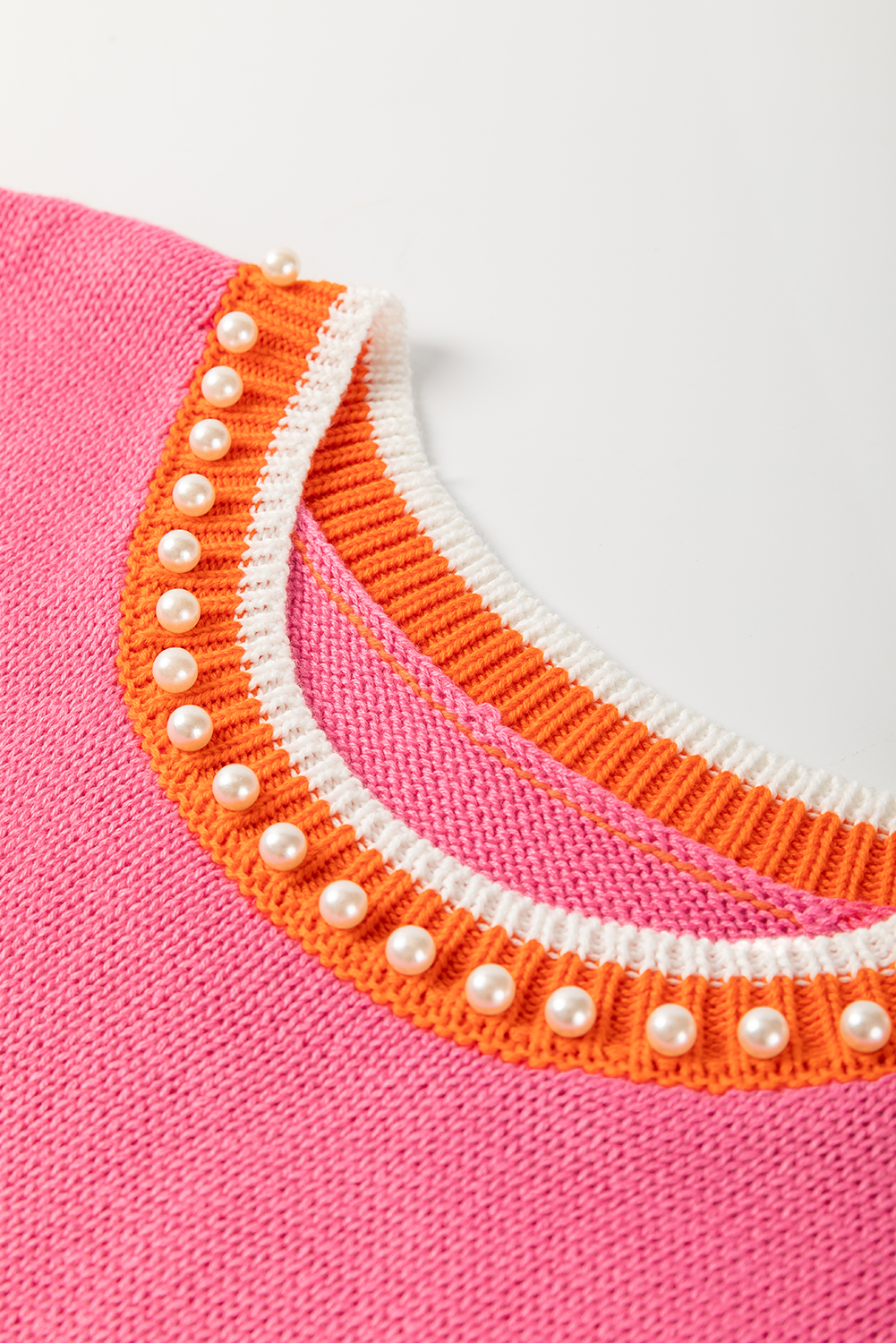 Bright Pink Contrast Trim Pearl Detail Sweater Tank Top - loveforevers