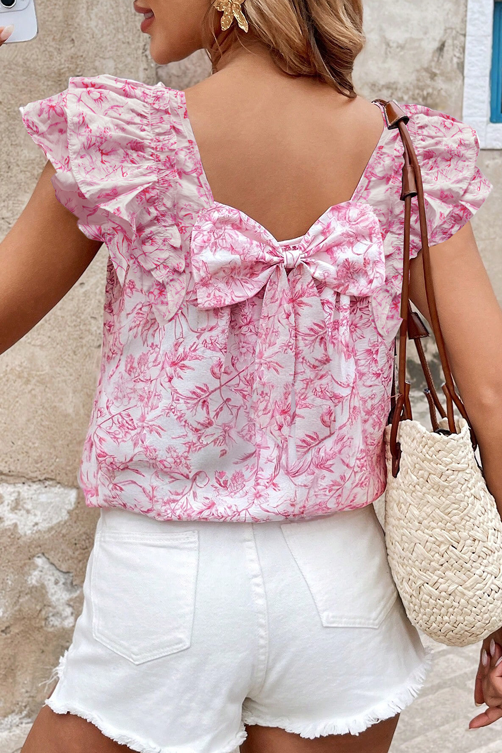 Beau Blue Textured Bow Knot Frilled Butterfly Sleeve Blouse - loveforevers