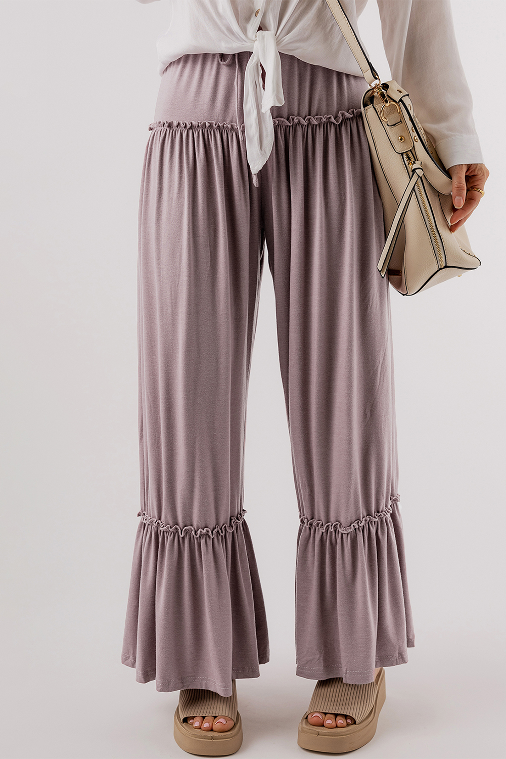 Khaki Frilled Drawstring High Waist Wide Leg Pants - loveforevers