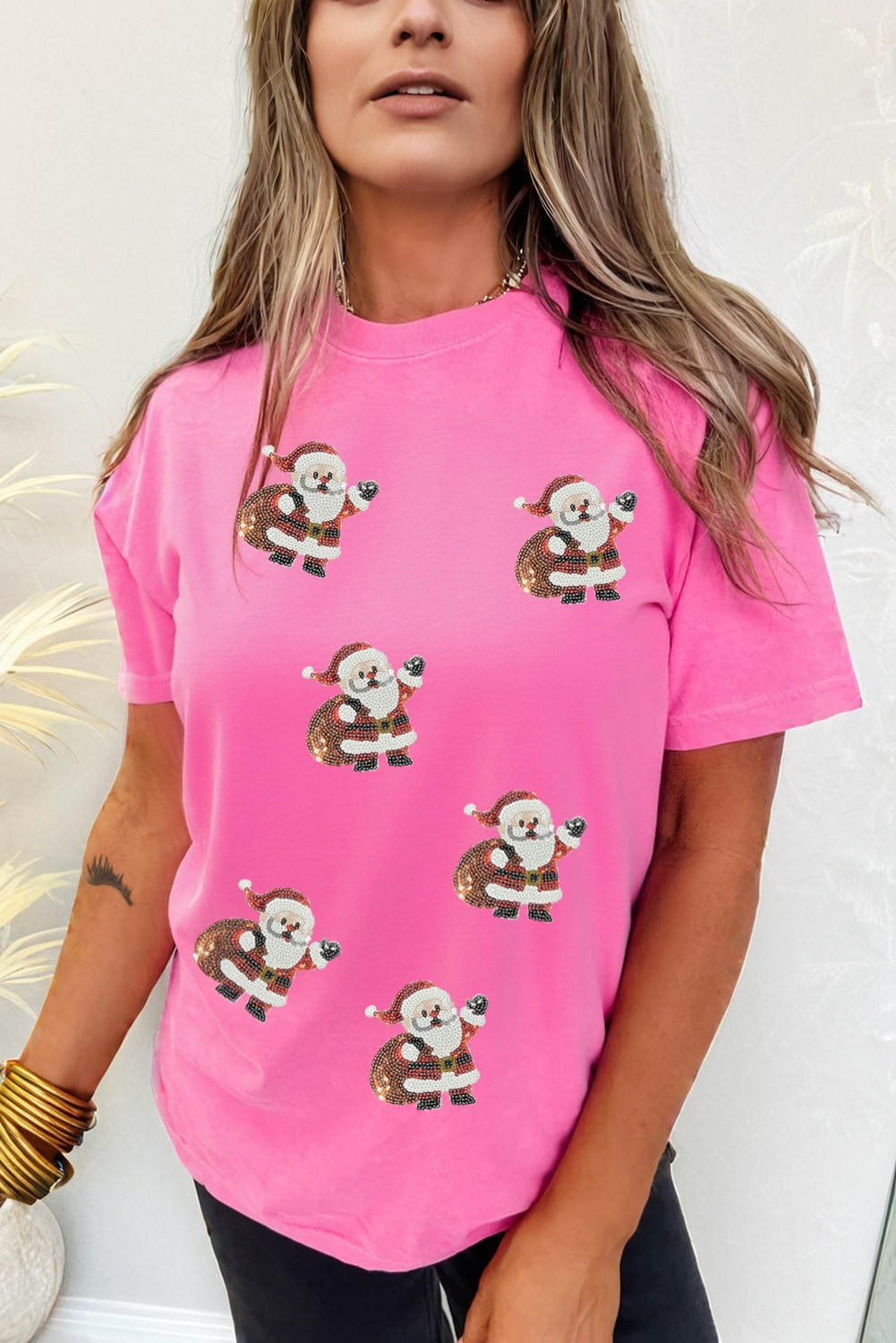 Sachet Pink Santa Claus Deliver Gifts Sequin Graphic Tee - loveforevers