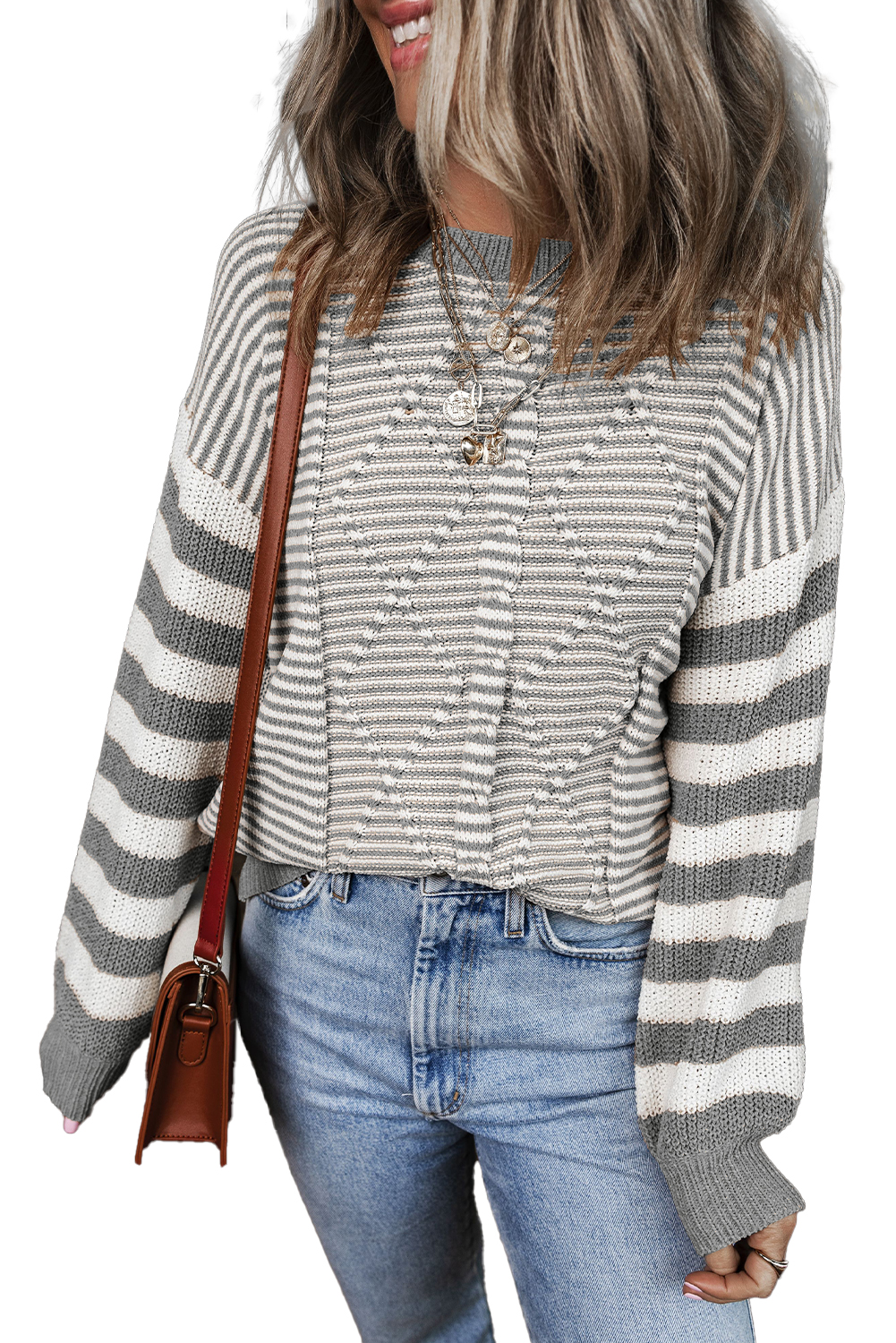 Gray Stripe Geometric Textured Drop Shoulder Sweater - loveforevers