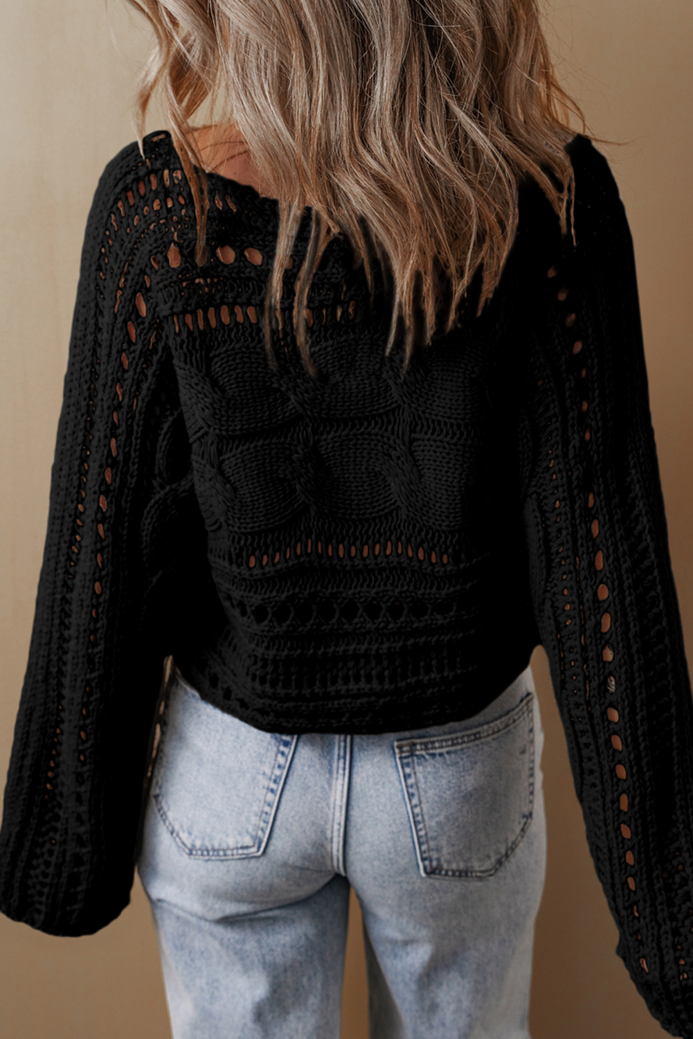 Blackish Green Hollow-out Cable Knit Cropped Sweater - loveforevers