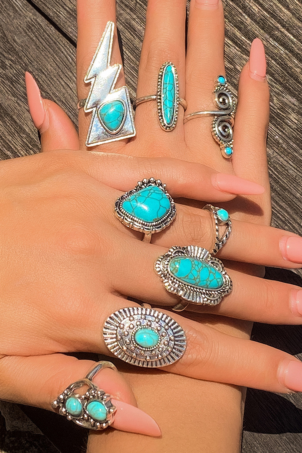Silvery 8pcs Turquoise Inlay Western Ring Set - loveforevers