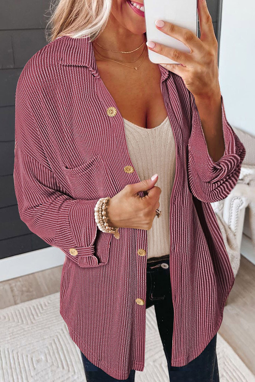 Fiery Red Pink Roll Tab Sleeve Ribbed Cording Shacket - loveforevers