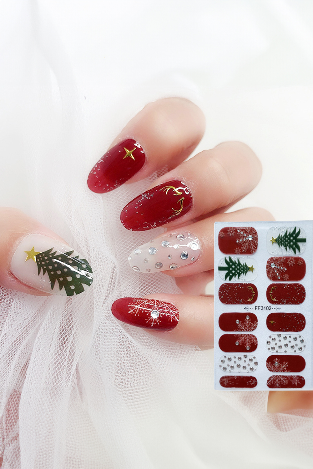 Racing Red Christmas Tree Snowflake Rhinestone Gel Nail Stickers - loveforevers