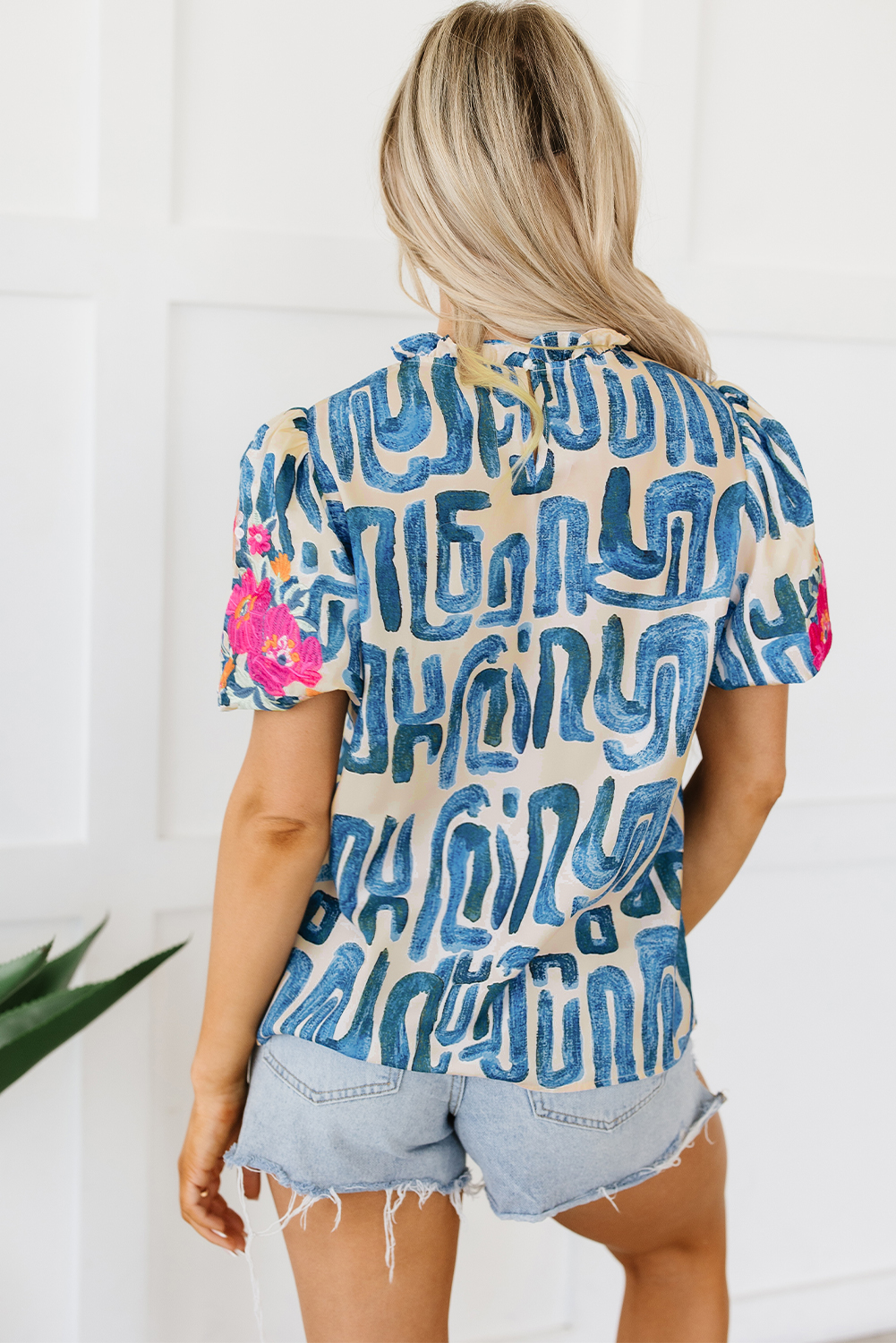 Beige Abstract Print Bubble Sleeve Button up Mini Dress - loveforevers