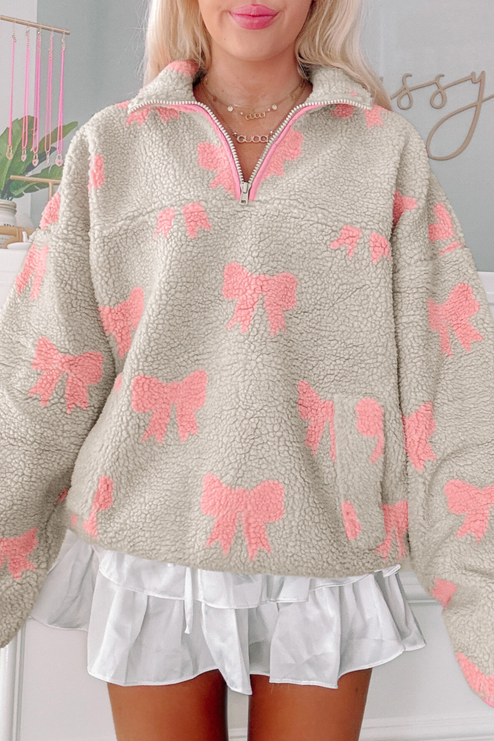 Gray Bow Sherpa Quarter Zip Drop Shoulder Baggy Sweatshirt - loveforevers