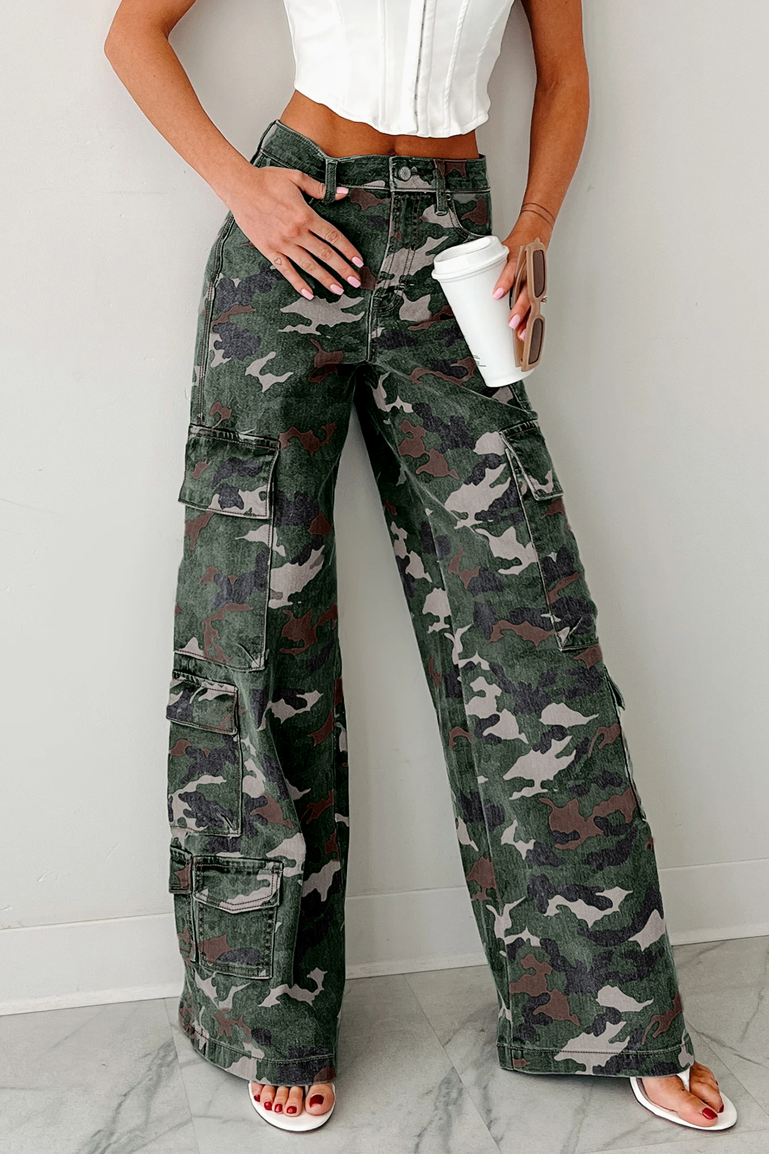 Green Camo Denim Cargo Wide Leg Pants - loveforevers