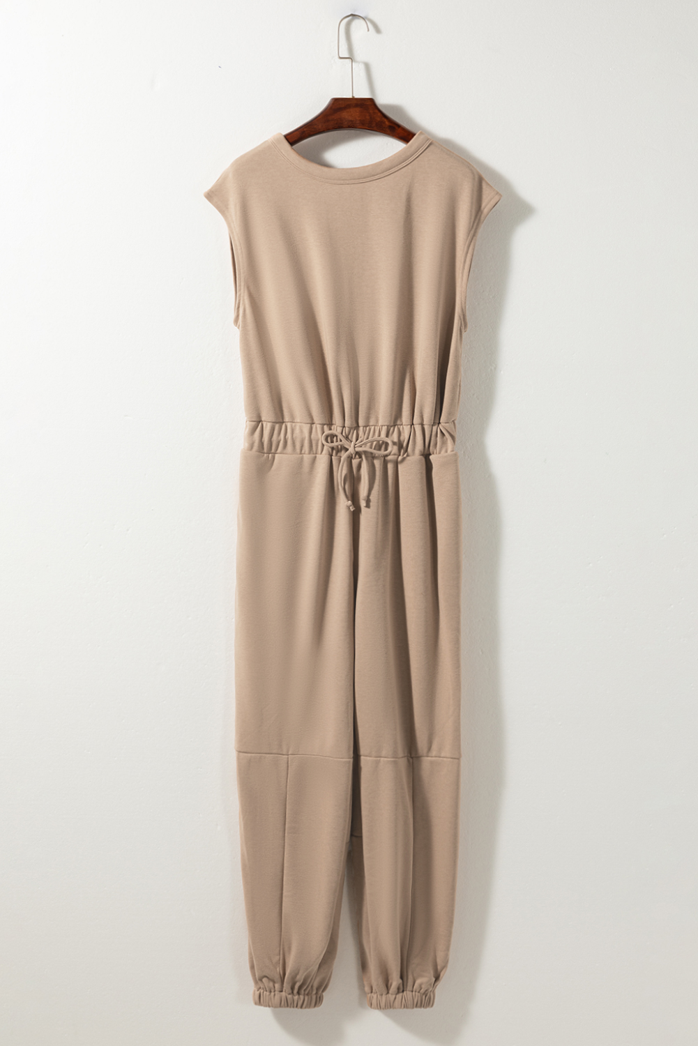 Light French Beige Cap Sleeve Open Back Drawstring Jogger Jumpsuit - loveforevers