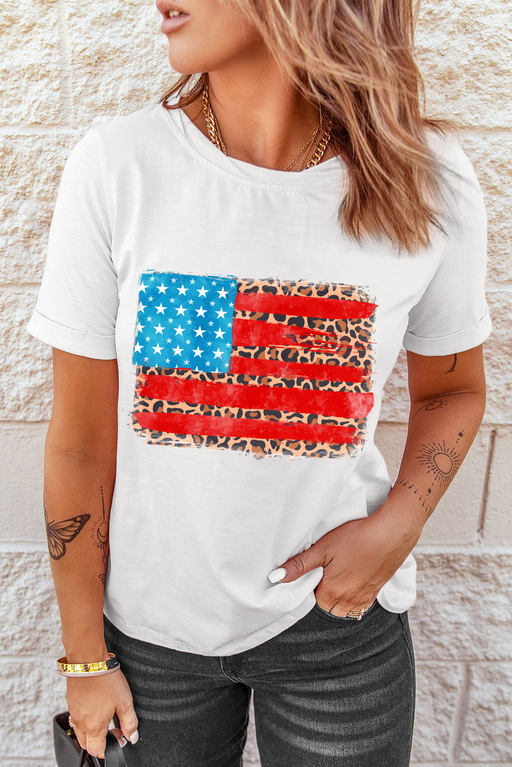 White Leopard Insert American Flag Pattern Cotton Blend T Shirt - loveforevers