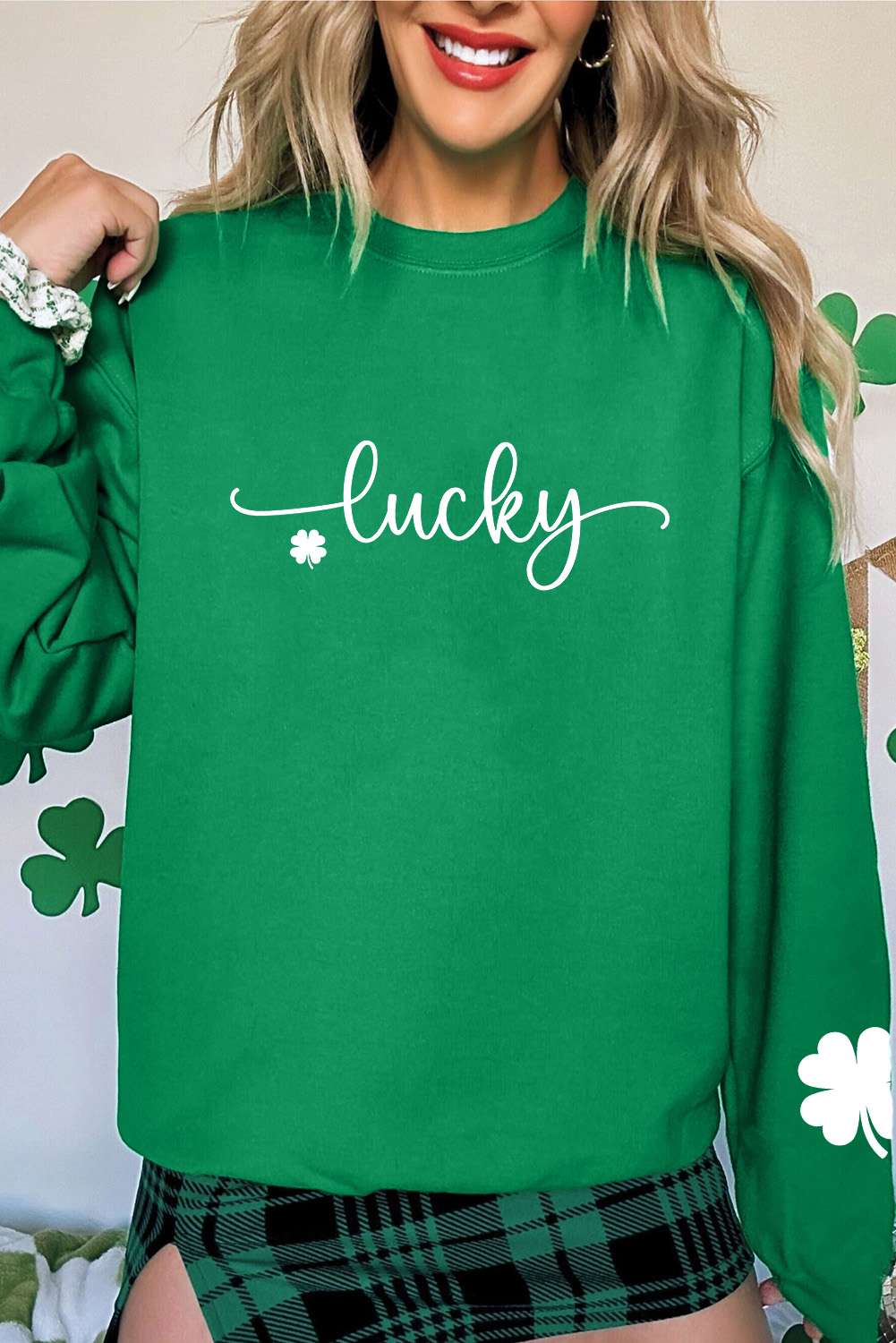 Dark Green Lucky Four Leaf Clover Graphic St Patricks Pullover Sweatshirt - loveforevers