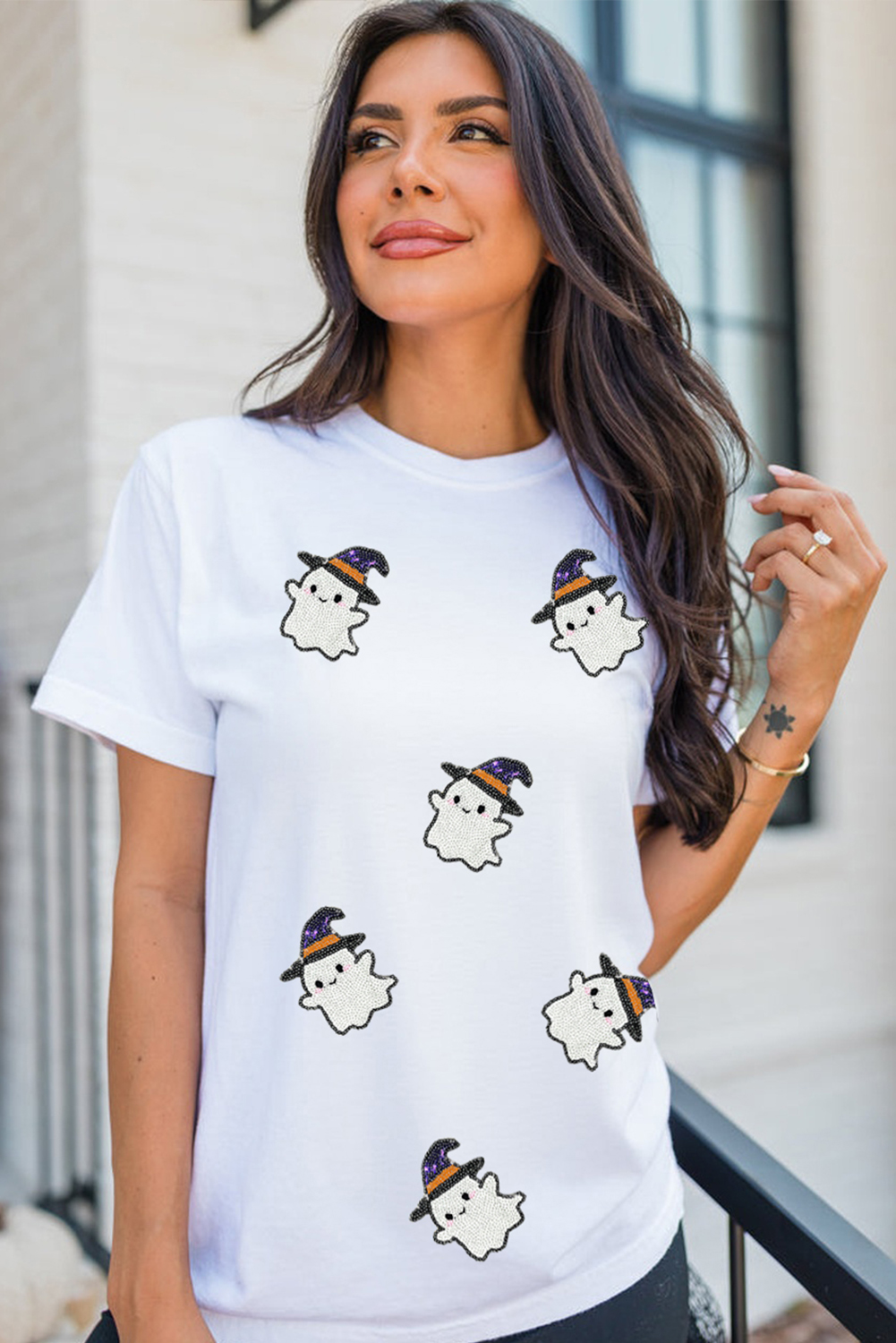 Wisteria Glitter Trim Chenille Ghost Patched Halloween Graphic Tee - loveforevers
