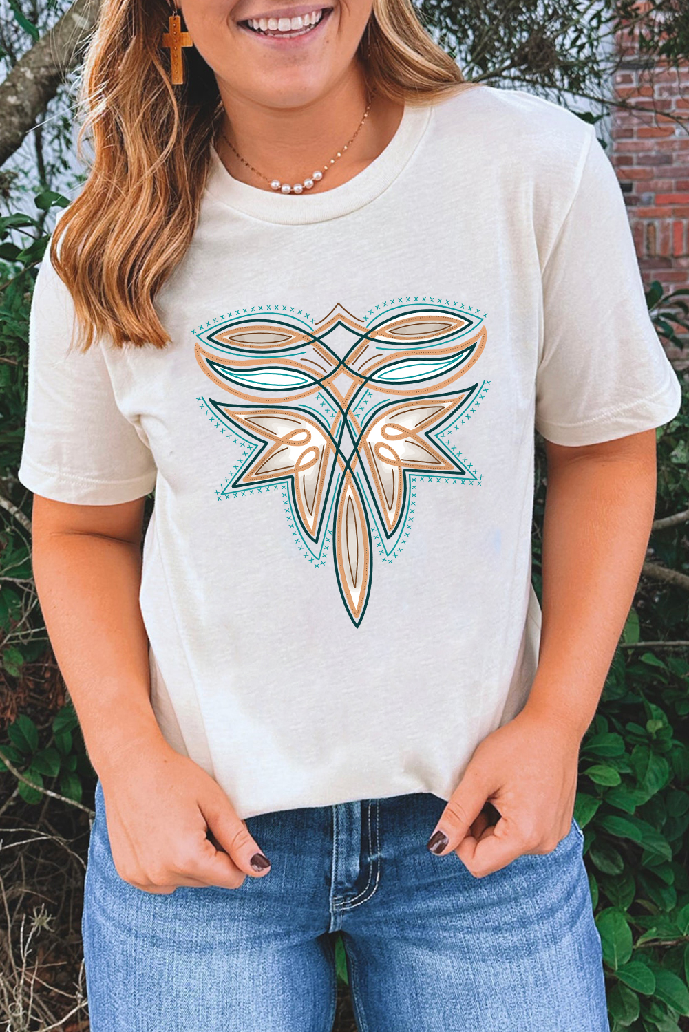 White Western Stitch Pattern Printed Cotton Blend Tee - loveforevers